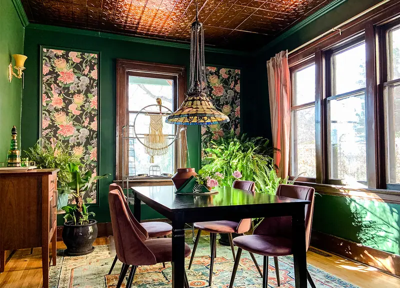 Tin ceiling over a kitchen and dining room